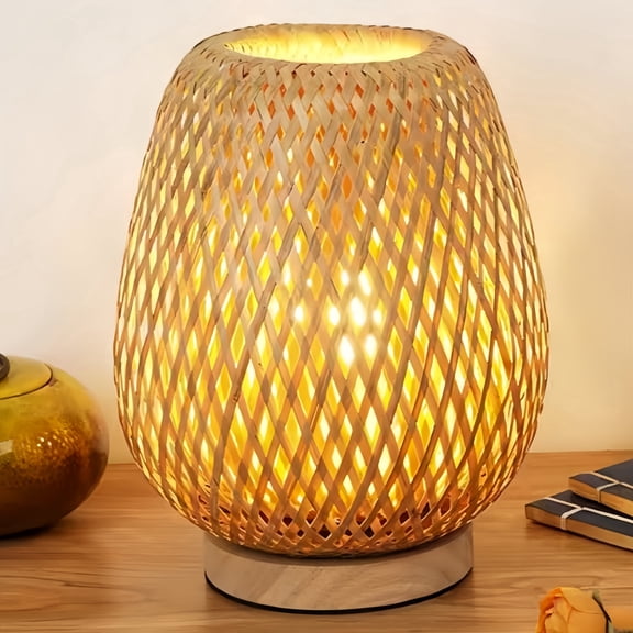 MEHOOM Rattan Table Lamp for Bedroom, Dimmable Unique Bedside Lamp, Farmhouse Desk Lamp for Bedroom, Living Room, Boho Rustic Decor (Natrue Bamboo)