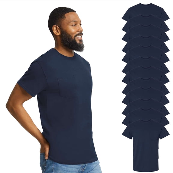 Gildan Ultra Cotton Pocket T-Shirt for Men, 100 Cotton, Short Sleeve, Left Chest Pocket, Navy, 12 pack, S