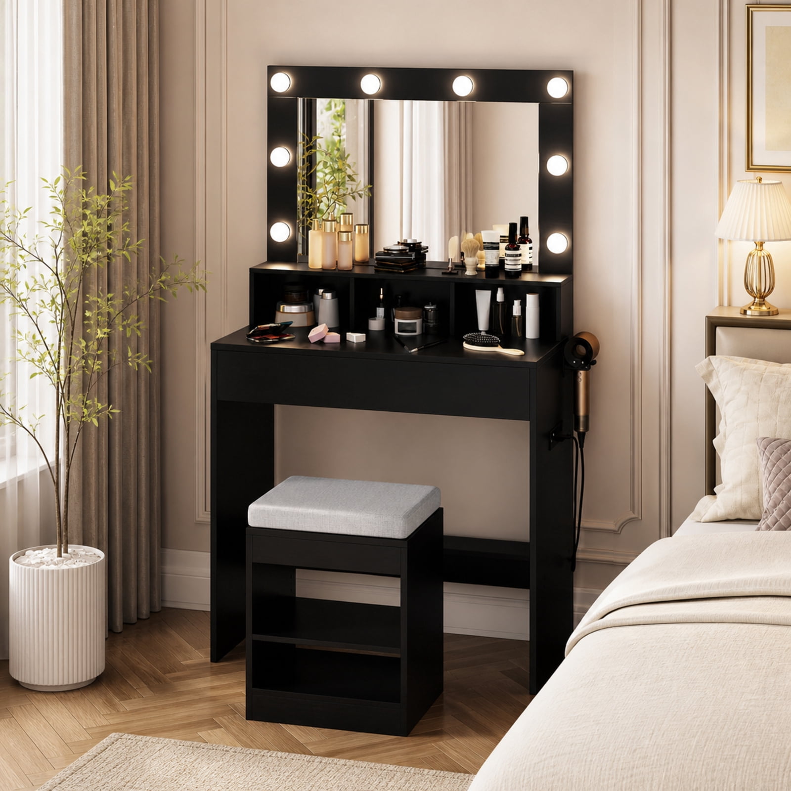 Furnibear Vanity Table Set with Lighted Mirror and Cushion Stool for Bedroom Makeup Dressing Room Vanity Desk Mirror Set, Black