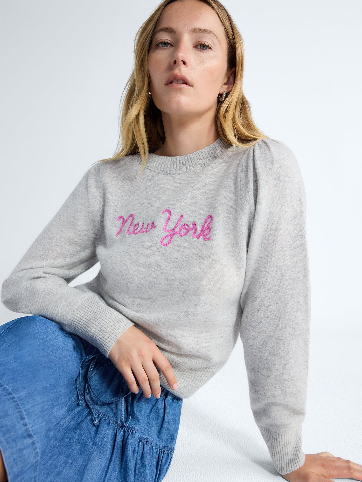 Free Assembly Women's and Women's Plus Embroidered Cashmere Sweater, Midweight, Sizes XS-3X