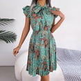 thumbnail image 4 of Wycnly Formal Dresses for Women Party Prom Vintage Ruffle Sleeve Pleated Swing Formal Dresses with Tie Short Sleeve Stand Neck Floral Print 2024 Summer Mini Dress Green s, 4 of 7