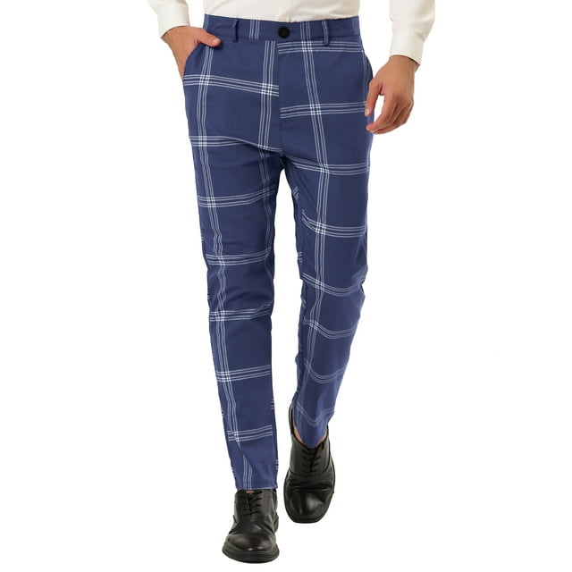 Pantalones de vestir a cuadros para hombre, informales, ajustados, con frente plano, a cuadros, estampados, de negocios Azul XL