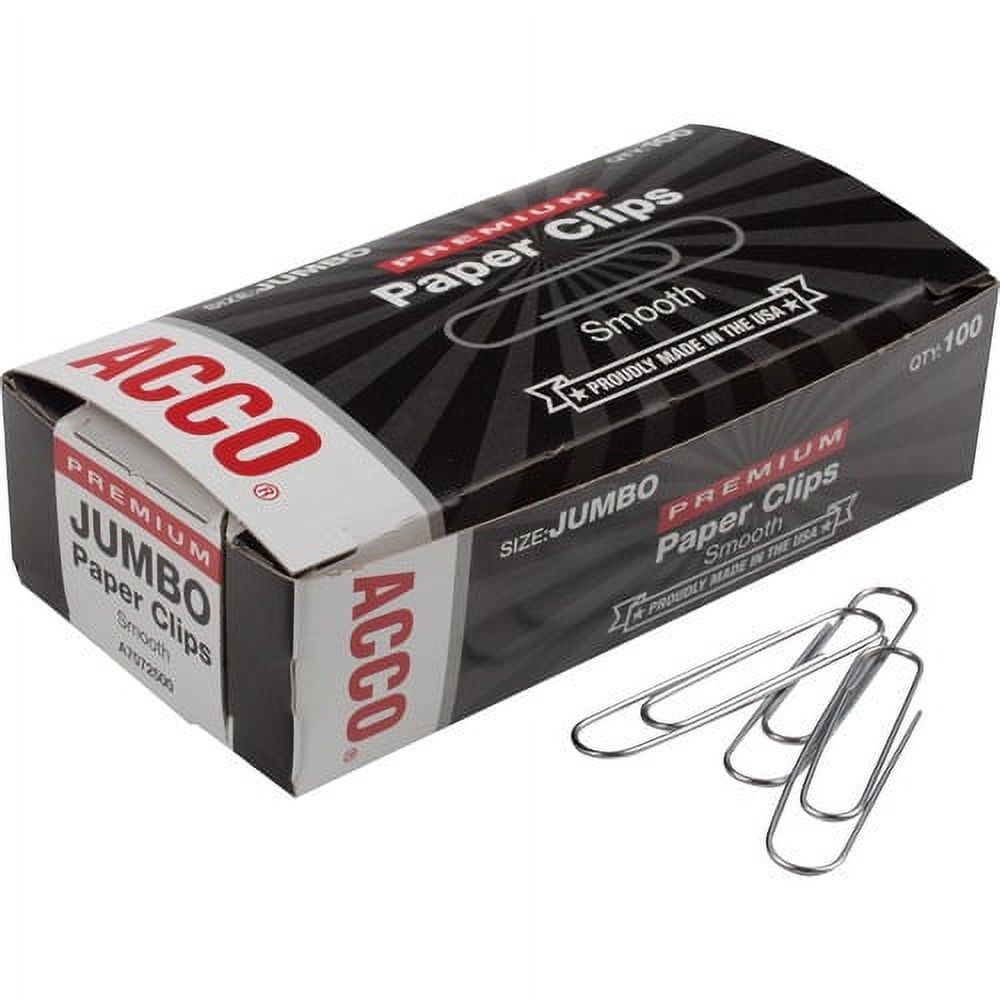 ACCO; Premium Jumbo Paper Clips, Smooth Finish, Jumbo Size 1-7/8", 100/Box - Jumbo - 2.3" Width - 1.88" Size Capacit