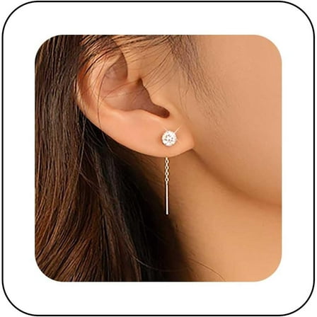 Vintage Crystal Threaded Earrings Silver Cz Stud Earrings Cz Dot Threader Earrings Sparkling Gemstone Earrings Chain Thread Through Earrings Jewelry for Women