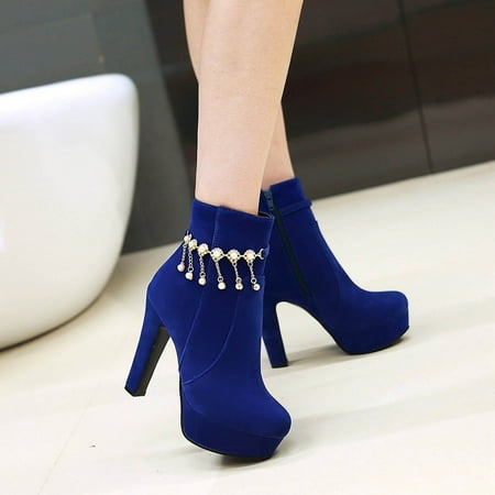 

Autumn And Winter Plus Size Ladies Knight Boots Metal Chain Tassel Water Platform Super High Heel Side Zipper Ankle Boots