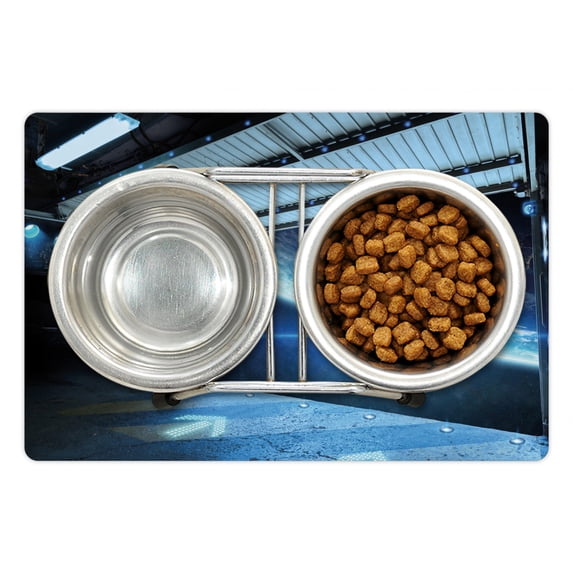 Outer Space Pet Mat for Food and Water, Interstellar Airlock Shuttle Runway Gate Journey to the Stars Invasion View, Non-Slip Rubber Mat for Dogs and Cats, 18" X 12", by Ambesonne