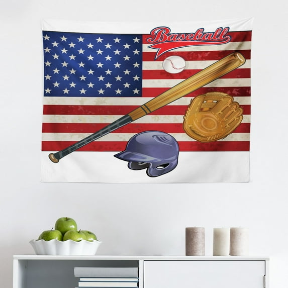 Sports Tapestry, Baseball Ball Sporting Pastime National Sport Athleticism Entertainment, Fabric Wall Hanging Decor for Bedroom Living Room Dorm, 2 Sizes, Night Blue Red White, by Ambesonne