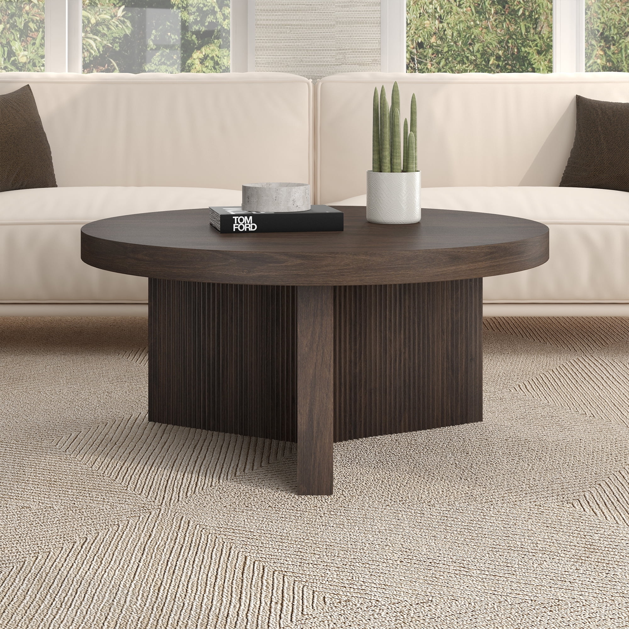 Holm 32" Wide Round Fluted Coffee Table in Alder Brown