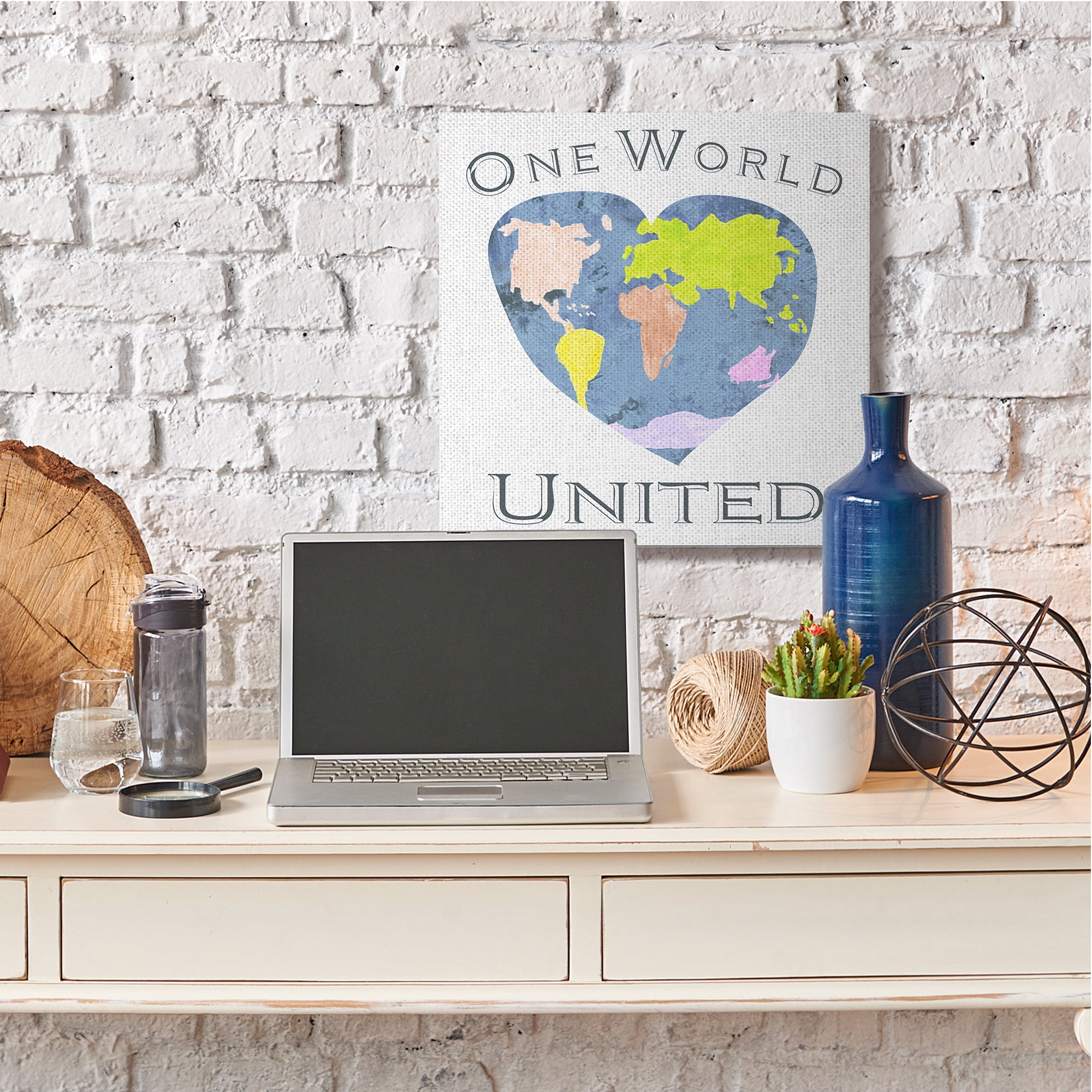 Stupell Industries One World United Phrase Abstract Heart Shaped Globe Art for Kids Painting Gallery Wrapped Canvas Art Print Wall Art, 36 x 36
