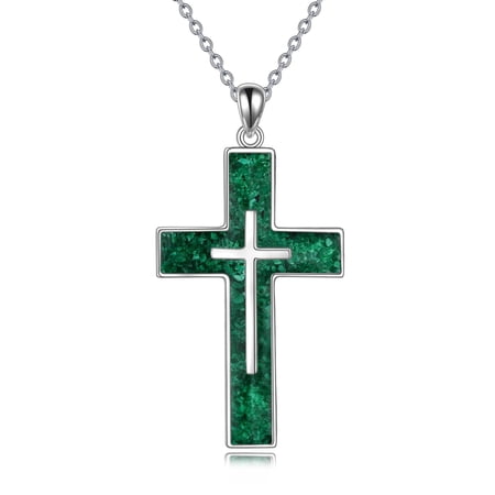 MYSTICPOEM Cross Necklace Sterling Silver Green Malachite Cross Pendant Religious Jewelry Gifts for Women Men