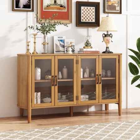 Christopher Knight Home 58 Large Storage Cabinet with 4 Glass Doors Wood Frame Stylish Style Natural