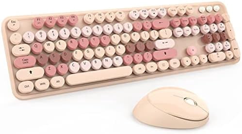 Wireless Keyboard and Mouse,  Cute Keyboard and Mouse, 2.4G Wireless Keyboard with Retro Round Keycap for PC, Mac, Laptop,Computer Windows (Milk Tea)