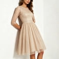 thumbnail image 4 of Karymi Easter Dress Glitter Mesh Cocktail Party Dress, Round Neck 3/4 Sheer Sleeve High Waist A-Line Knee Length Dress, Sparkly Tulle Evening Dress Dresses for Women, 4 of 7