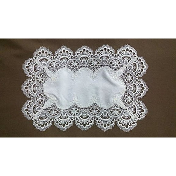 Doily Boutique Placemat or Doily in Bleached White European Lace and Bleached White Fabric, Size 24 x 14 inches