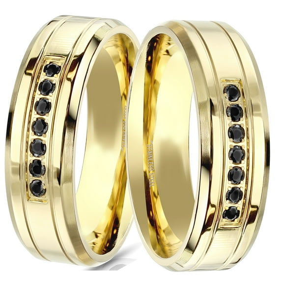 LaRaso & Co Gold Plated Steel Black Stone Wedding Band Rings for Him Her Men Women Couples 8/10