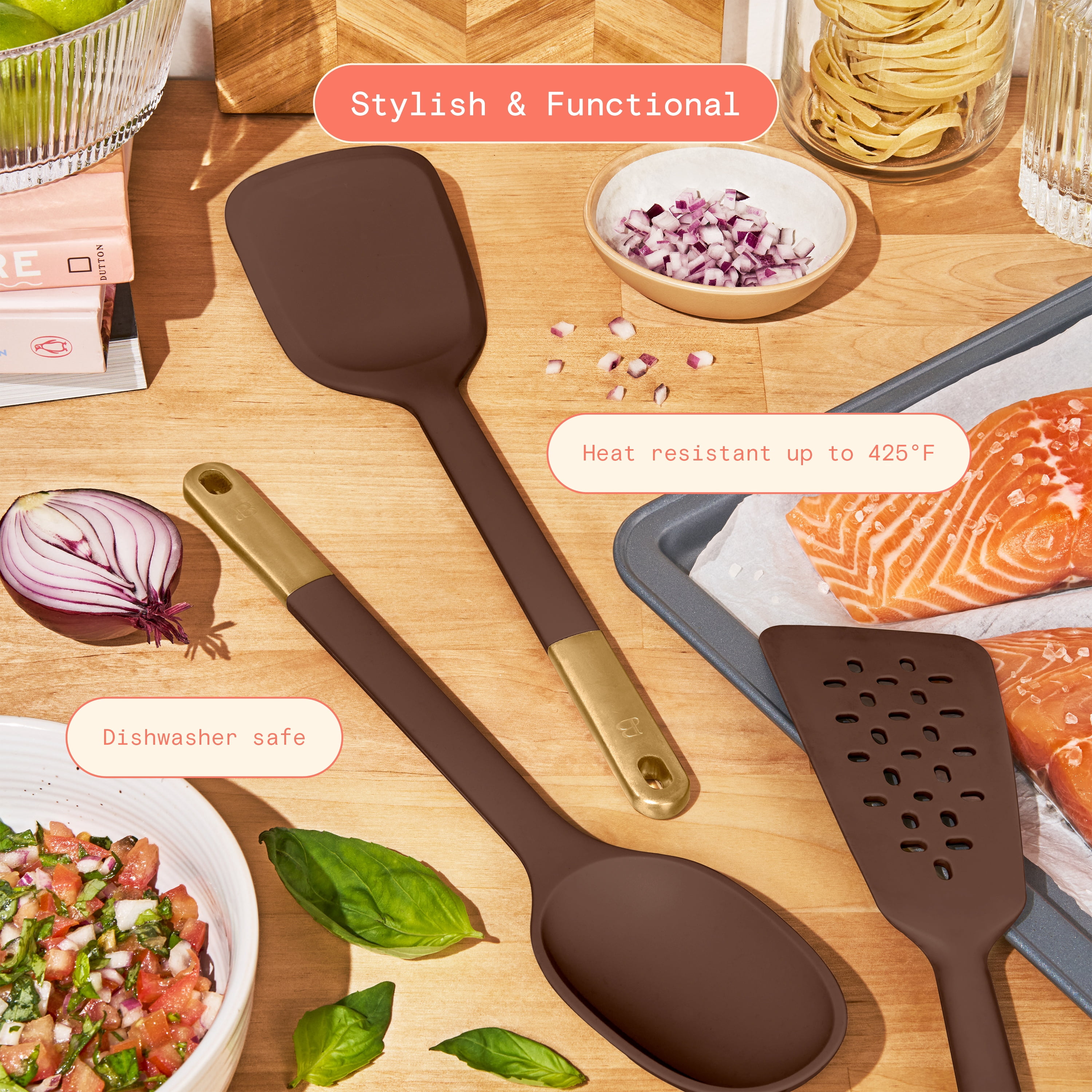 Beautiful 3-Piece Silicone Kitchen Utensil Tool Set, Chocolate by Drew Barrymore