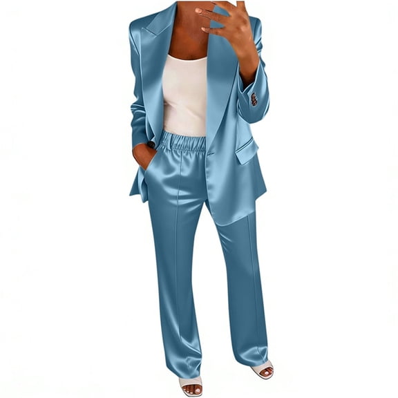 Floleo Women Shiny Satin Lapel Long Sleeve Blazer Elastic High Waist Straight Pocket Pants 2 Piece Elegant Business Party Matching Suit Set