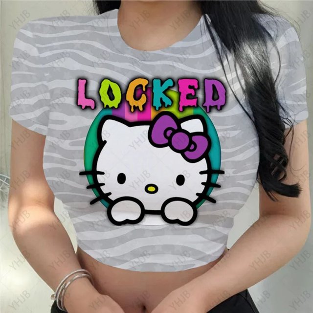 RWJDXD Chemises Décontractées d'Été pour Femmes Mode Urbaine Manches Courtes Crop Tops Imprimé Chat Hello Kitty Col Rond Ajusté T-Shirts