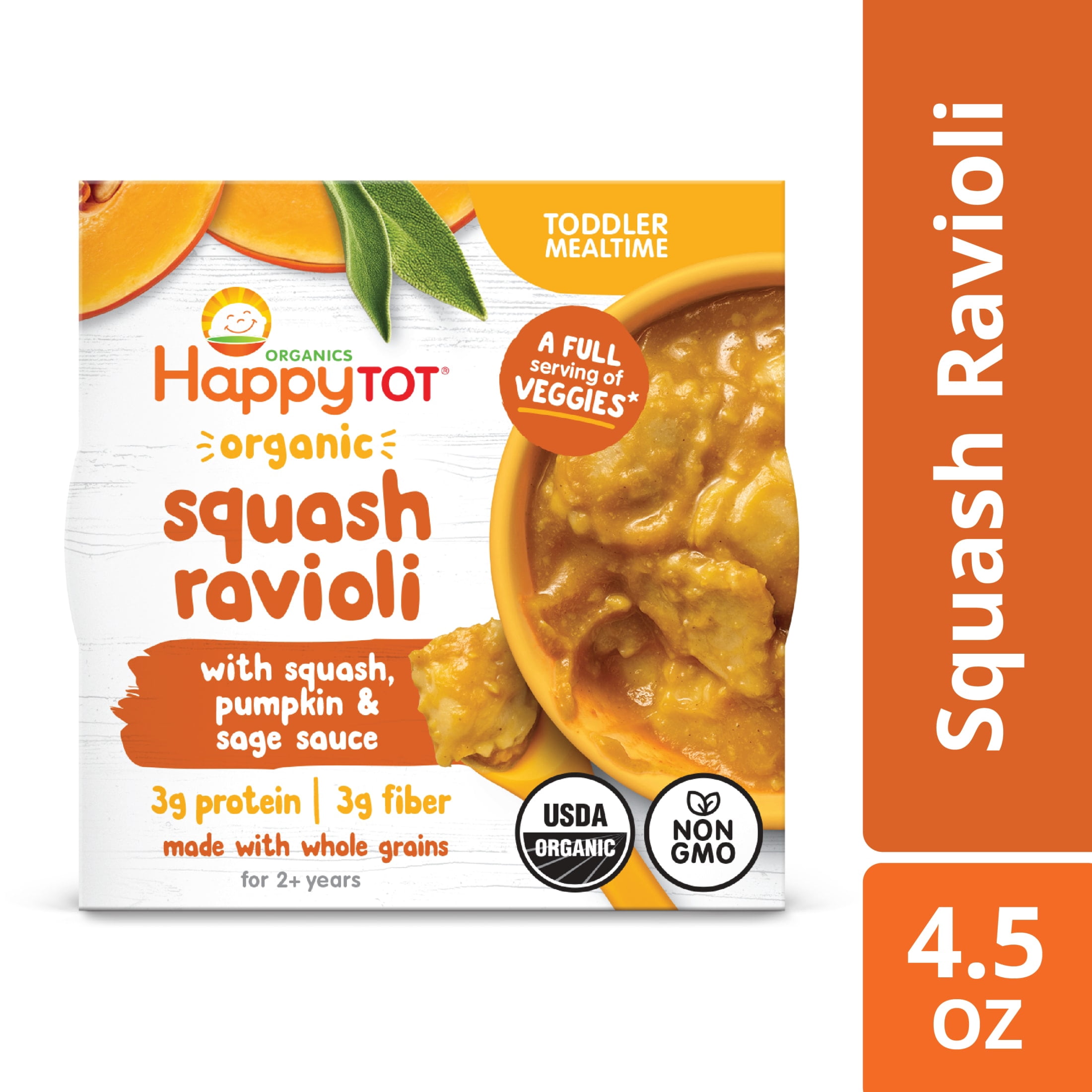 (4 pack) Happy Tot Organics, Toddler Mealtime Bowl, Organic Squash Ravioli with Pumking Squash & Sage Sauce, 4.5 oz