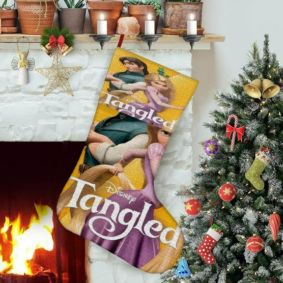 Tangled Long Hair-theme Christmas Stockings,Fine white linen for Stairs Fireplace Hanging Xmas Home Decor Christmas gift17.7"X12.6"(45cm×32cm)