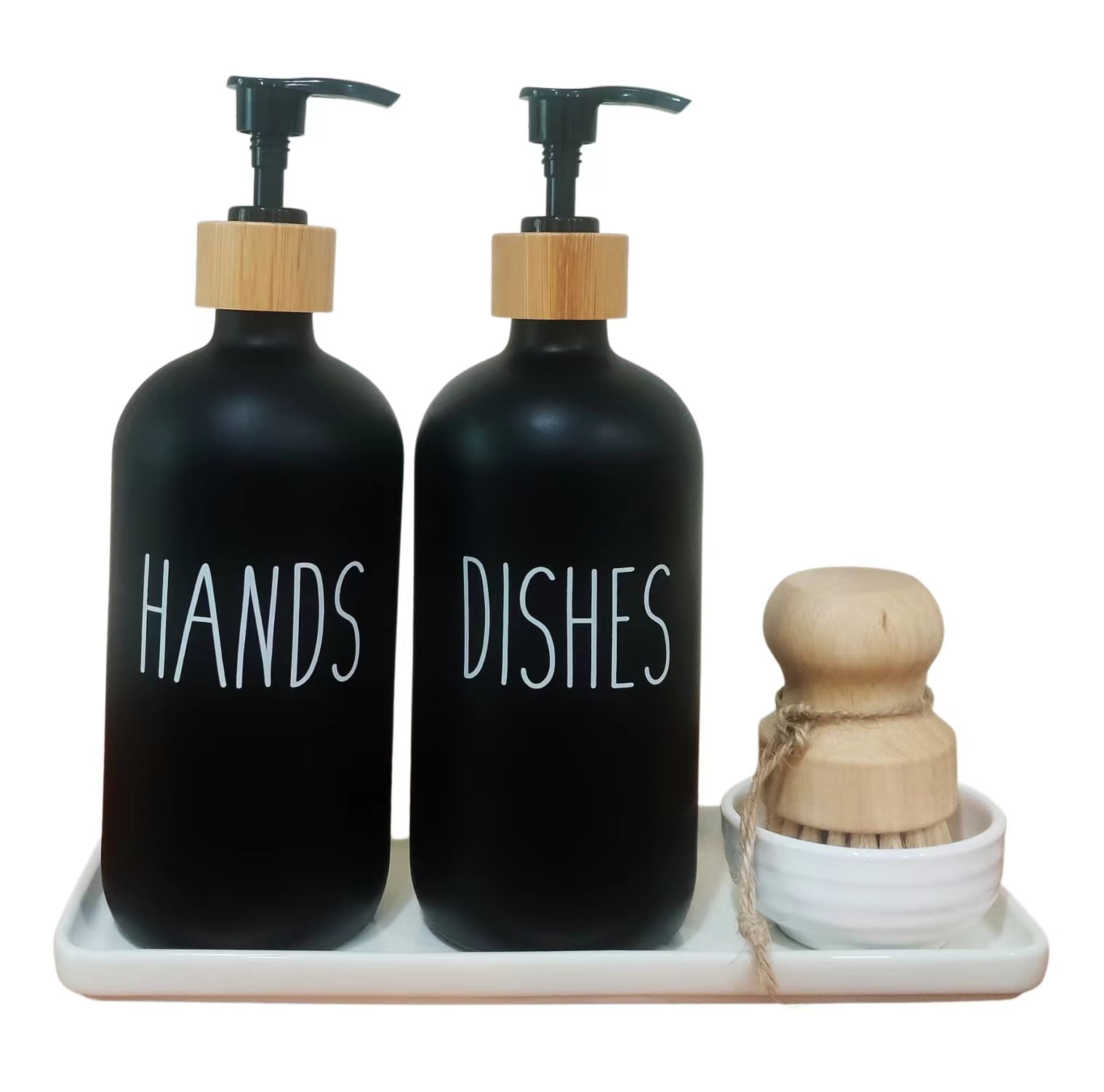 Hand Dish Soap Glass Dispenser Set for Kitchen Sink with Ceramic Tray