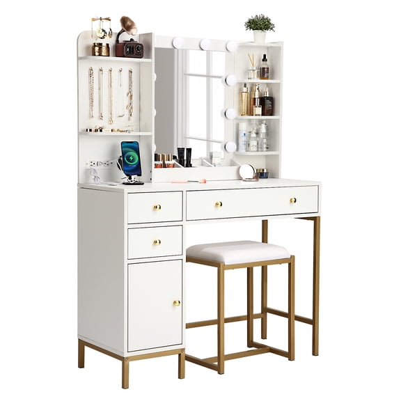 Tzou White Vanity Desk Set with Stool & Mirror - 3-Color LED Lighting, Charging Ports, Jewelry Organizer, Large Makeup Station for Bedroom