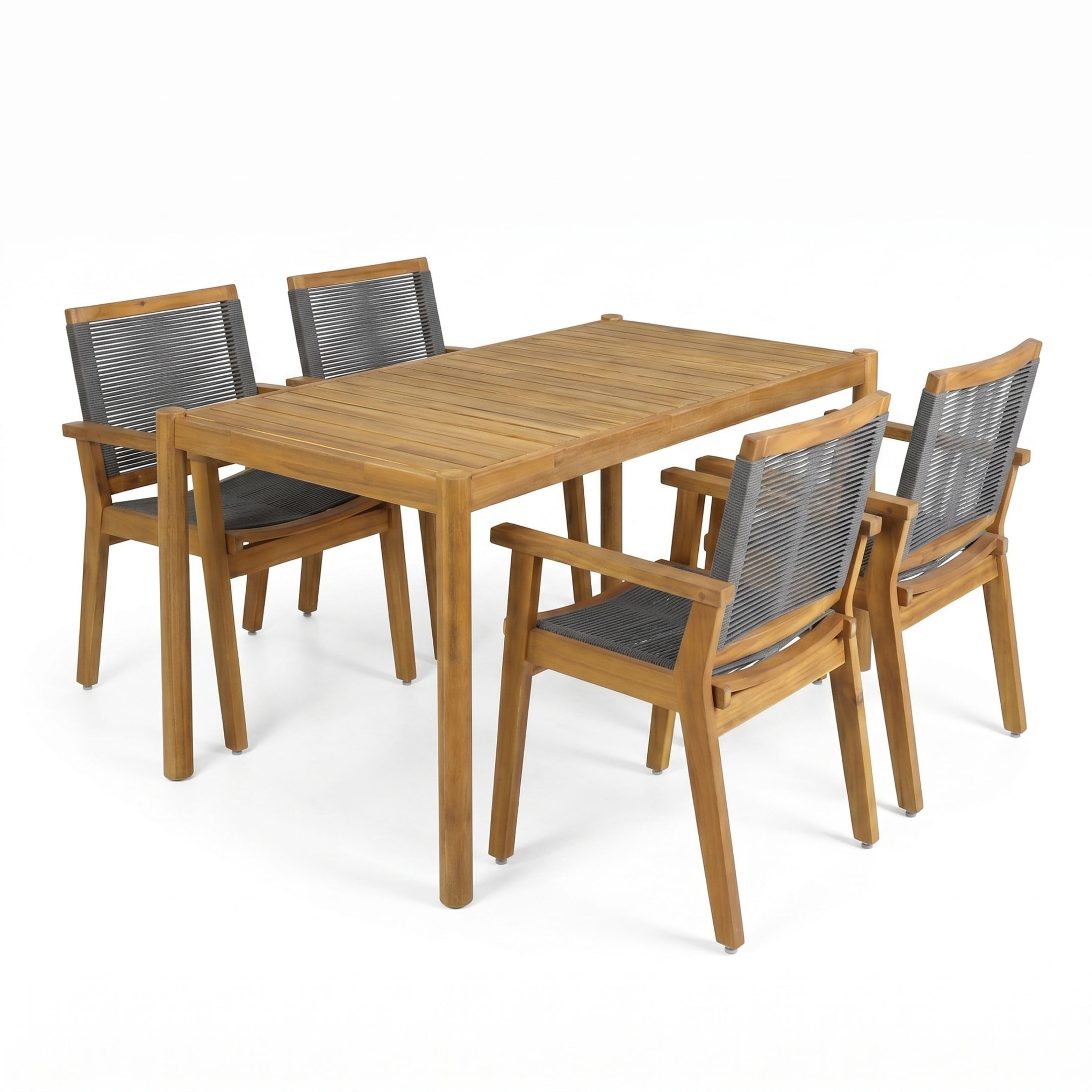 Christopher Knight Home 5-Piece Wood Outdoor Dining Set, Light Teak Table with 4 Dark Gray Rope Chairs