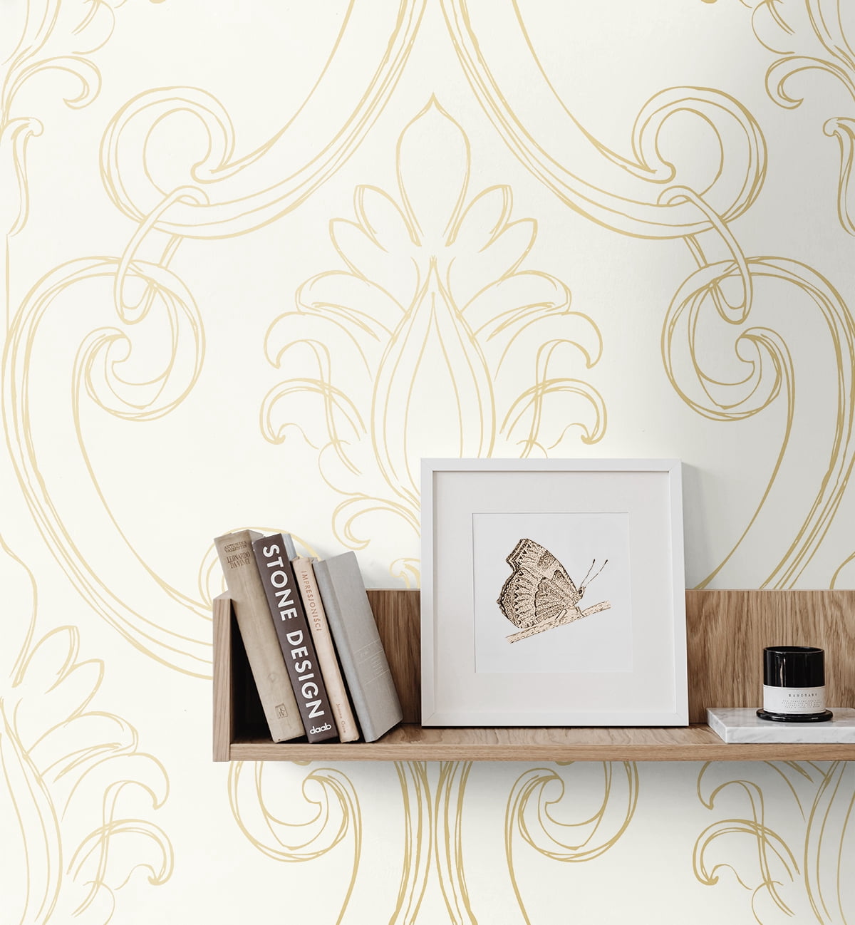 NextWall Metallic Gold Sketched Damask Peel and Stick Wallpaper