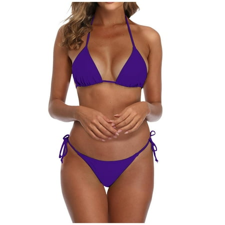 JIANJIA Swim Suits for Women Summer Solid Color Sexy Lace Up Halter Brassiere With Thongs Two Piece Brazilian Bikinis Swimwears Beachwear Purple S