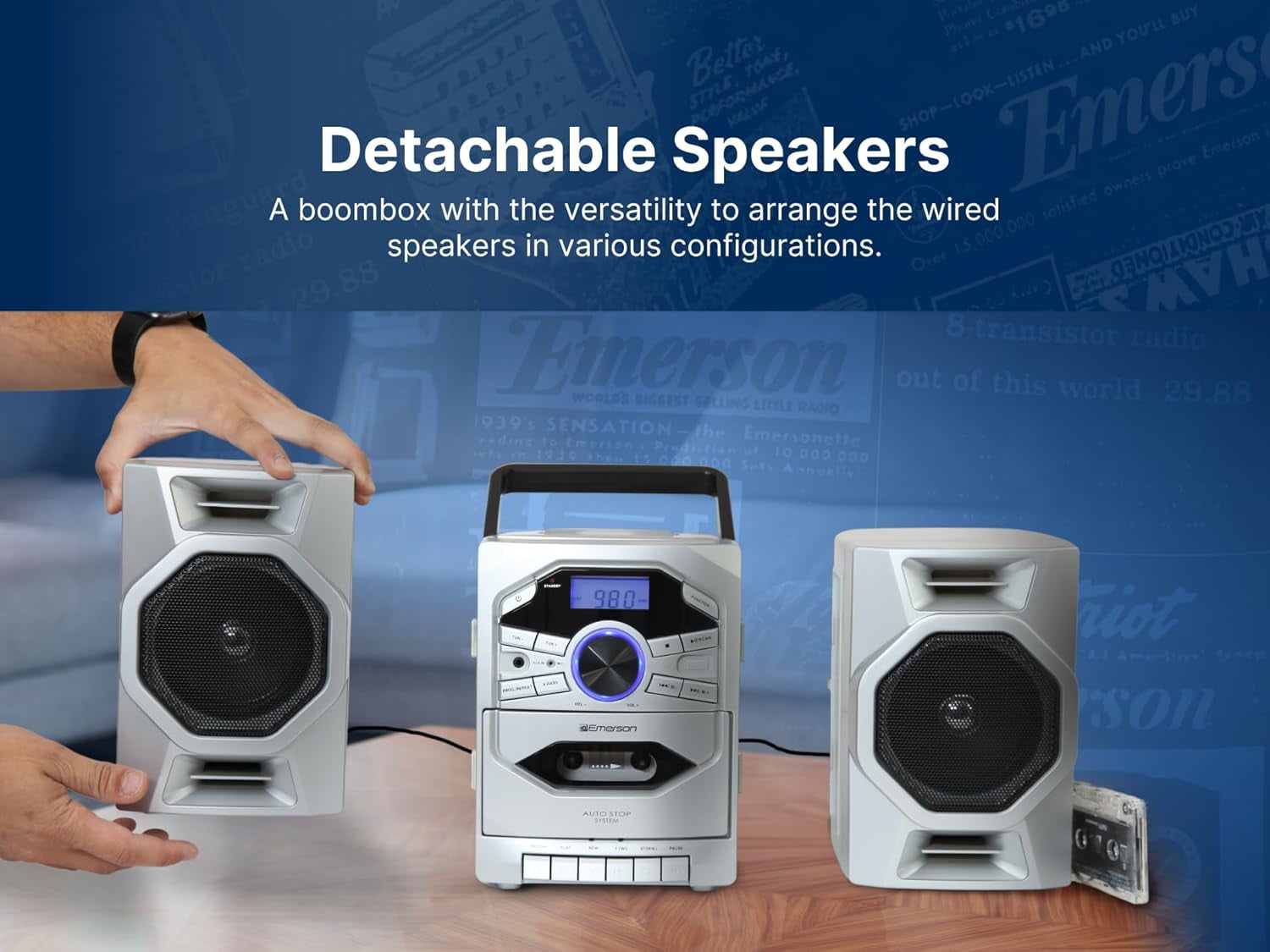 Emerson Boombox with CD & Cassette Player | Digital AM FM Portable Radio MP3, AUX, Mic Input | Portable Stereo System For Home, Indoor, Outdoor | Loud Big Speakers