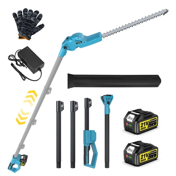 Gisam 21V Max Brushless Pole Hedge Trimmer Cordless, 20.5" Dual-Action Blade, 180° Adjustable Head, with 2×4000mAh Batteries, up to 14.9FT Reach