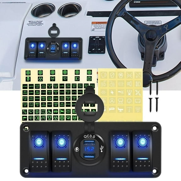 Waywe 4 Gang Rocker Switch Panel with USB Charger Voltmeter Waterproof 12V 24V DC Rocker Switch with QC3.0 Dual USB Charger for Cars Trucks Boats RV