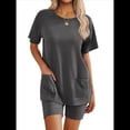 thumbnail image 1 of Conjuntos de 2 Piezas para Mujer, Chándal de Verano de Corta, Ropa de Estar por Casa, Pantalones Cortos de Cuello Redondo, Conjuntos de Chándal. Gris Oscuro M, 1 of 7