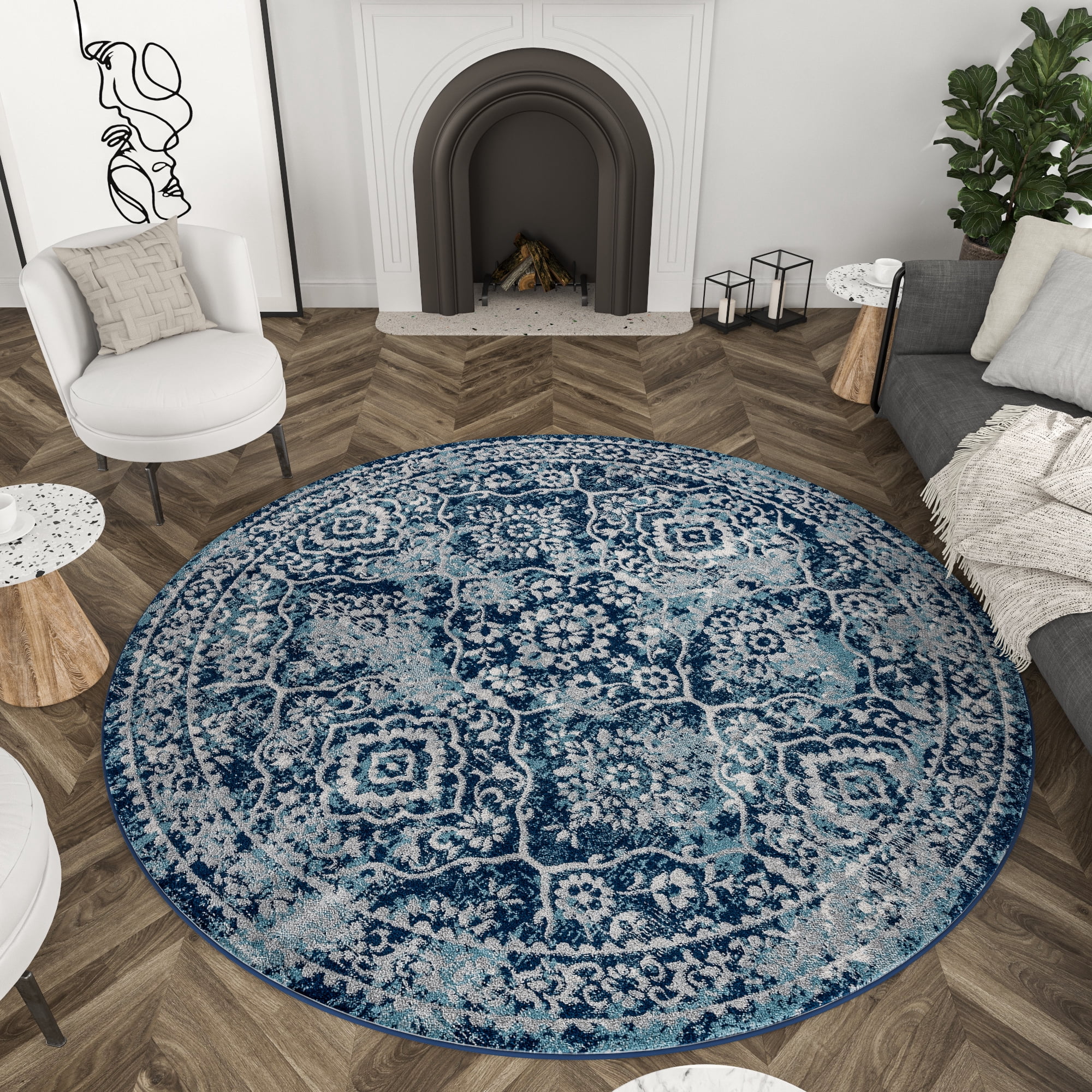6ft Round Modern Blue Round Area Rugs for Living Room | Bedroom Rug | Dining Room Rug | Indoor Entry or Entryway Rug | Kitchen Rug | Alfombras para Salas 5'3'' Round