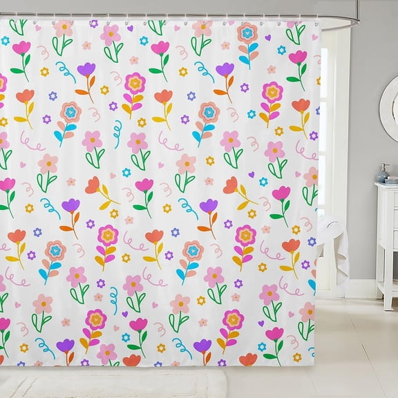 Colorful Floral Shower Curtain for Bathroom Spring Flowers Fabric Bath Curtain with Hooks 71x71 inches