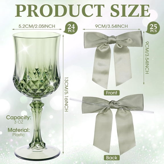 FJSHN-24 Pcs 3 oz Mini Plastic Wine Glasses Vintage Goblets Shot with Bows Coquette Champagne Glasses Unbreakable Goblets for Women Dinner Wedding Party Grand Event(Sage Green)