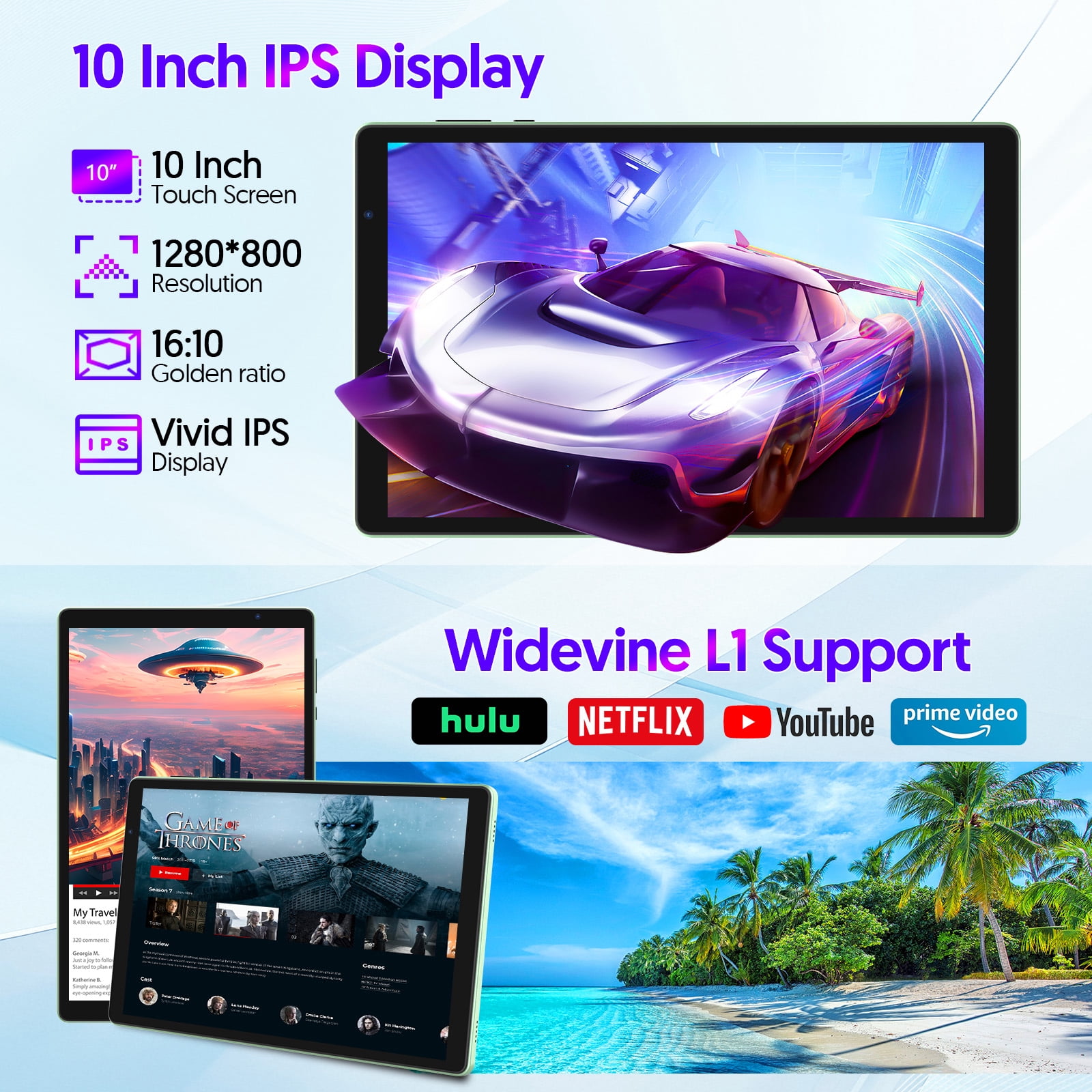 Android 16 Tablet, 10.1 inch, Five-core CPU, RAM 3GB, ROM 32GB (Up to 1TB), 800x1280 IPS, 5G WiFi 6, 2MP+2MP, 6000mAh-Green