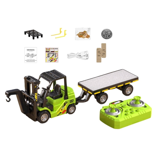 Carretilla elevadora RC 1/64 con remolque, mini carretilla elevadora de control remoto con camión de plataforma Verde