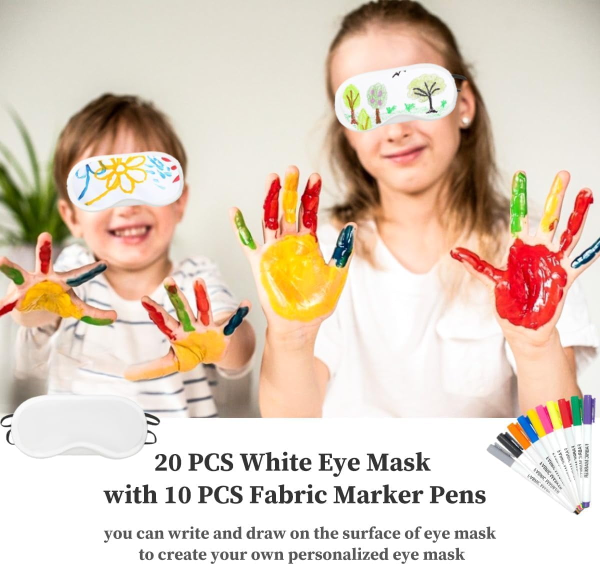 Yoqb 30 PCS Sleep Eye Mask Sleepover Party Supplies, 20 PCS White Sleep Mask with 10 PCS Fabric Marker Pens Shade Blindfold Eye Covering for Sleeping Travel Team Game Party SupplyA108