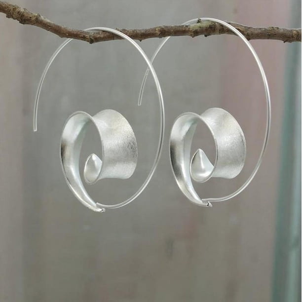 Nvzi Pendientes colgantes en espiral con círculos redondos vintage para mujer, aretes de aro con hojas tribales para bodas y fiestas (plateados)