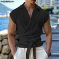 thumbnail image 4 of INCERUN Tops 2024 estilo coreano nuevo para hombres textura diseño de tapeta inclinada camisas moda cordón sin mangas cárdigan blusa S-5XL, 4 of 5