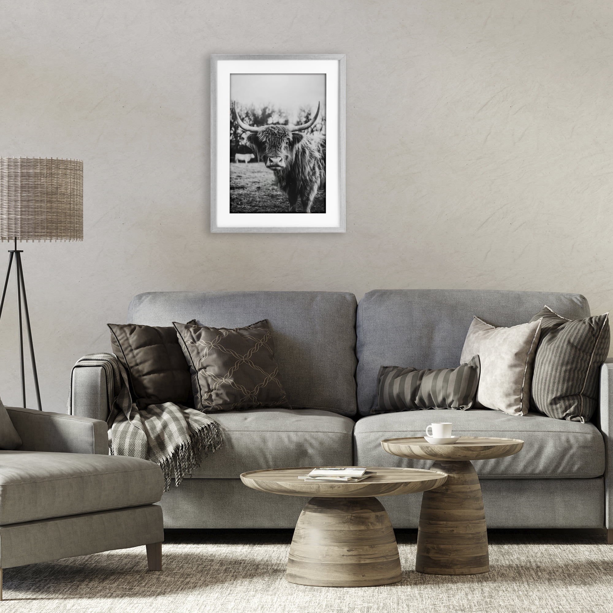 Stupell Industries Peering Highland Cattle Gray Framed Print Under Glass, design by Dakota Diener