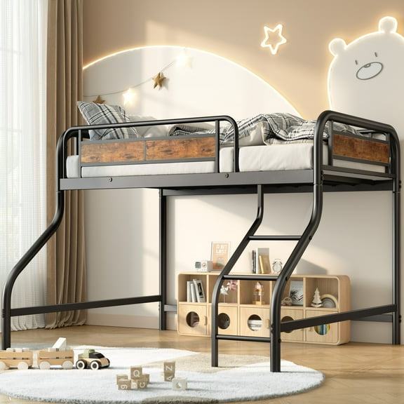 Twin Metal Loft Bed with Guardrails and Built-In Ladder