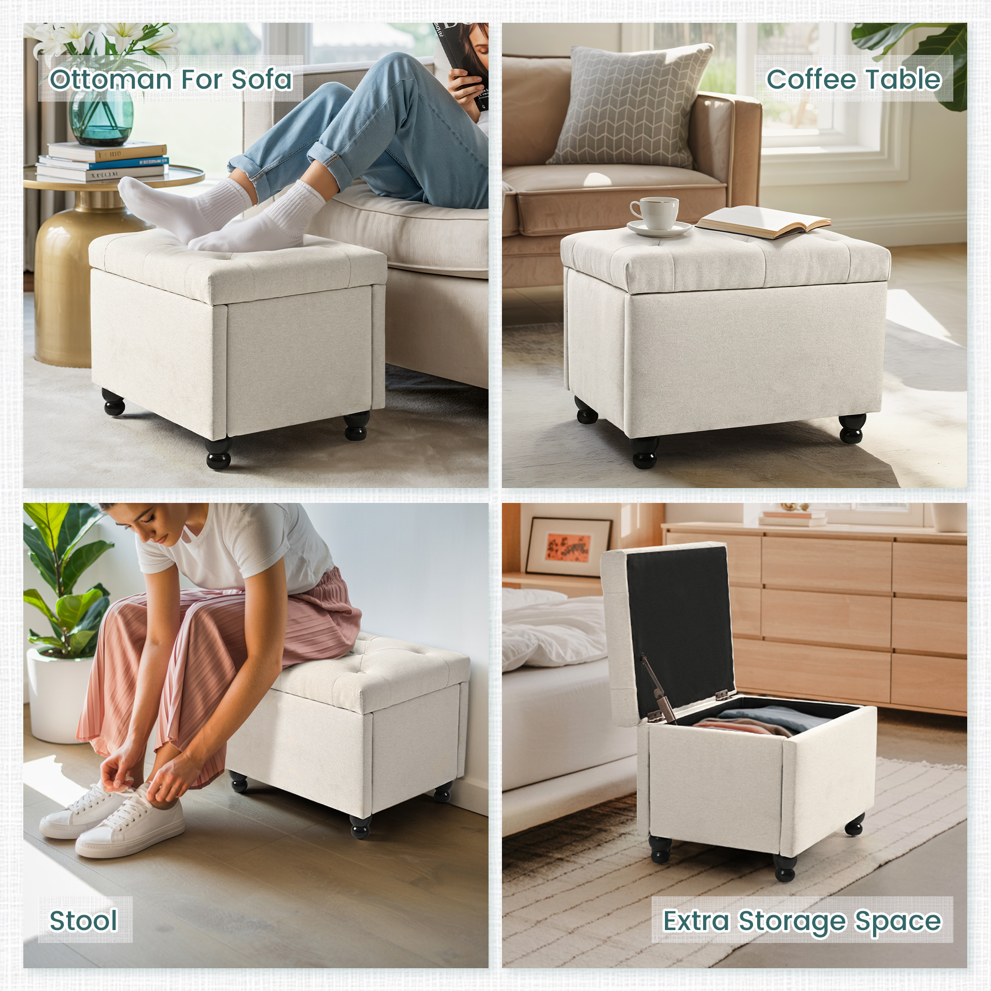 Pamapic 24“ Rectangle Upholstered Storage Ottoman, Fuax Linen Shoe Stool in Beige for Entryway