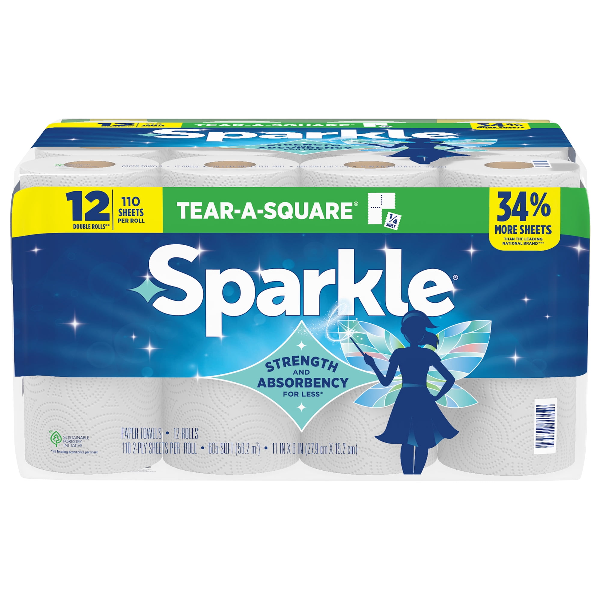Sparkle Tear-A-Square Paper Towels, 12 Double Rolls, 110 Sheets per Roll