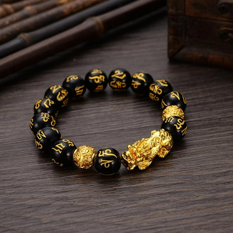 Feng Shui Black Hand Carved Mantra Bead Bracelet with Golden Pi