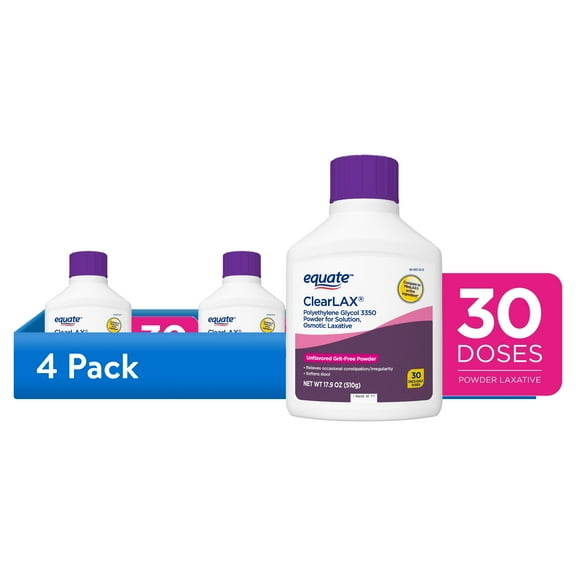 (4 pack) Equate ClearLAX Polyethylene Glycol 3350 Powder for Solution, Unflavored, 30 Doses, Compare to MiraLAX Active Ingredient