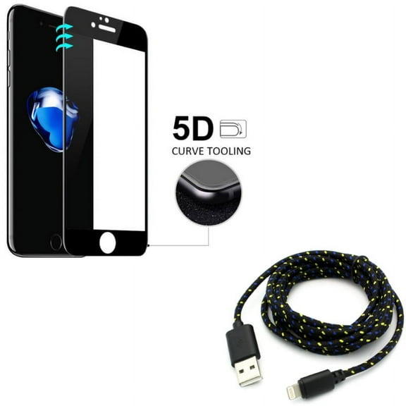 iPhone 7/8 PLUS Screen Protector w 6ft USB Cable - Tempered Glass 5D Touch Curved Edge Full Cover, Charger Cord Power Wire Braided for iPhone 8 PLUS/7 Plus