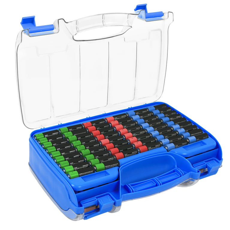 The Battery Organizer Storage Case with Hinged Clear Cover, Includes A Removable Battery Tester, Holds 180 Batteries Various Sizes Blue.