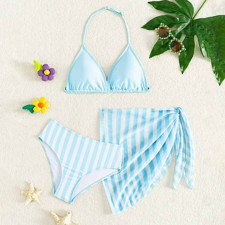 Girls Bikini 3PC with Cover up Skirt Sleeveless Spring Summer Beach Swimwear for Toddler Girl 8-9 Years